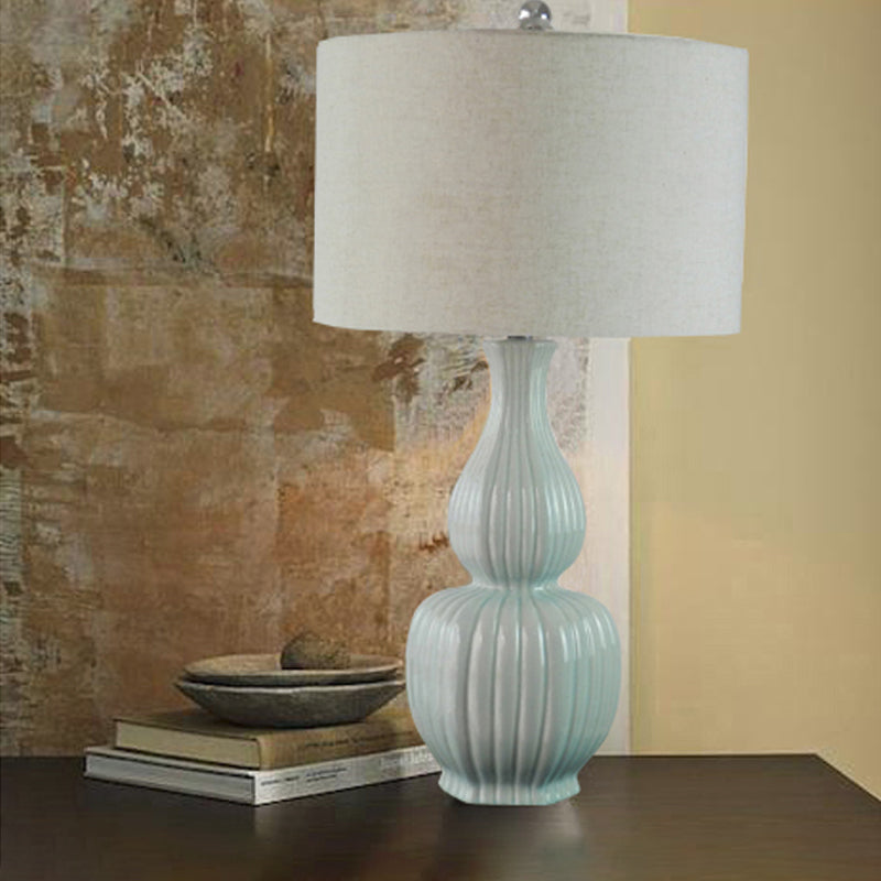 Traditional Style Bedside Desk Light - Beige Drum Shade Lamp With Fabric 1
