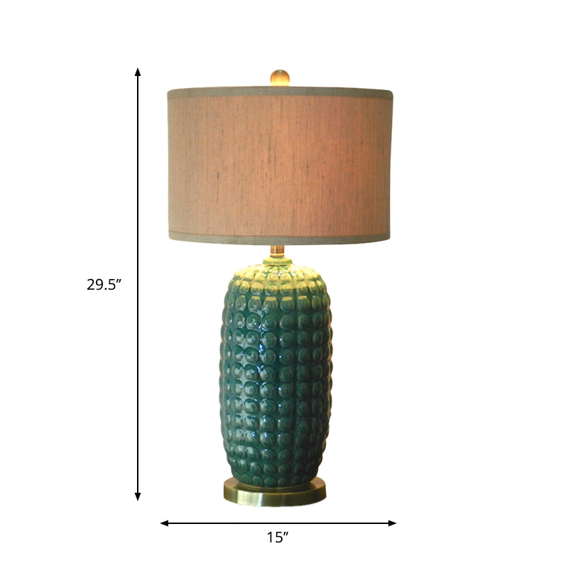 Vintage Green Porcelain Table Lamp With Fabric Shade - Retro Cylindrical Base 1 Head Nightstand For