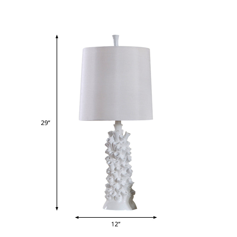 Antiqued White Barrel Shade Night Table Lamp With Resin Base