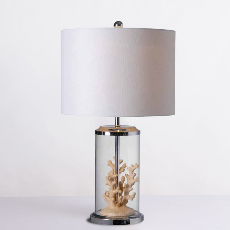 Traditional Style White Fabric Drum-Shaped Table Light With 1 Bulb - Bedside Nightstand Lamp