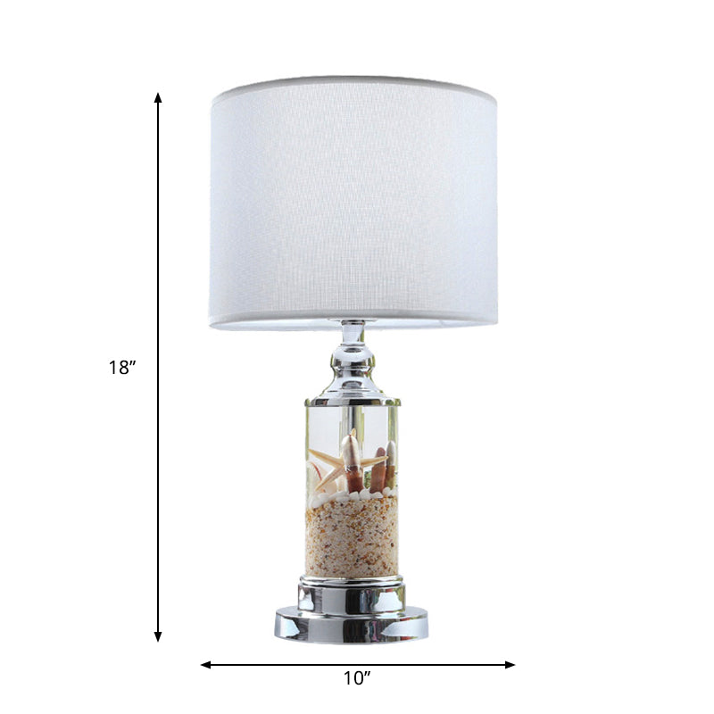 Antique Style Metal Night Lamp - 1-Light White Cylindrical Base With Drum Fabric Shade Bedroom Table