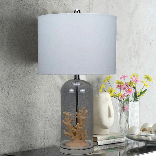 Antiqued Style Table Lamp - White Drum Shade Glass Base