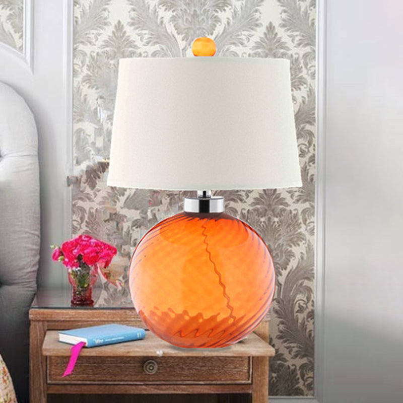 Retro Orange Sphere Glass Table Lamp With Fabric Barrel Shade - 1-Bulb Bedroom Light