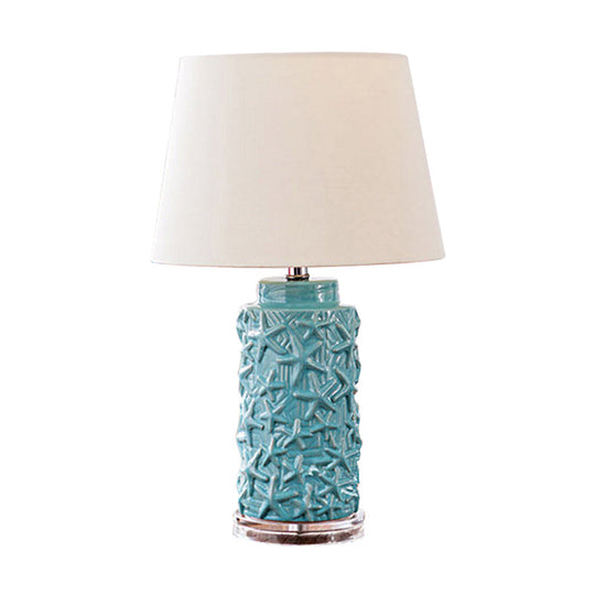 Traditional Blue Fabric Desk Light With Barrel Shade Ideal Bedroom Nightstand Lamp