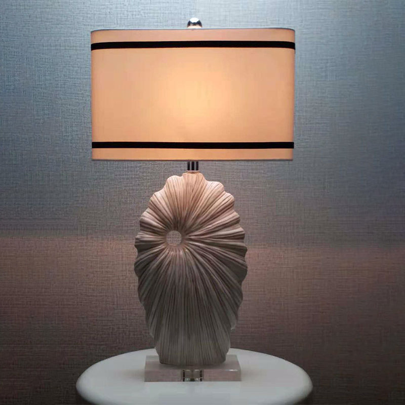 Antiqued Style Table Lamp - Black-White Fabric Shade Rectangular 1 Head Shell Porcelain Base