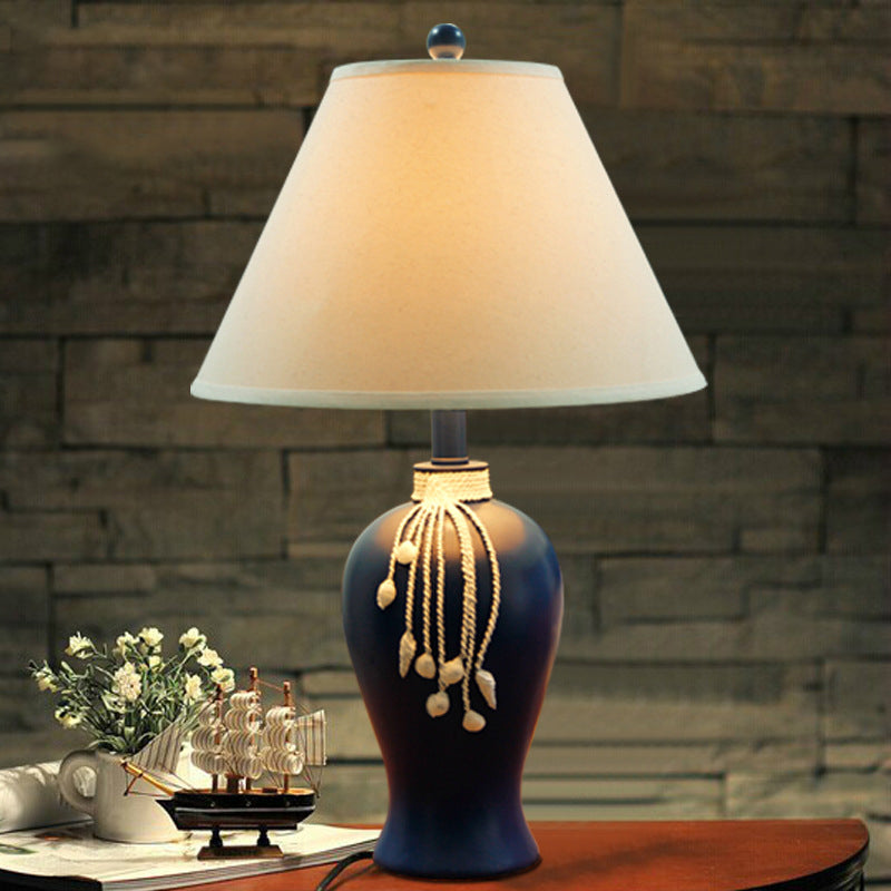 Traditional Style Flared Night Table Lamp In Blue For Living Room - Fabric Light With 1-Bulb