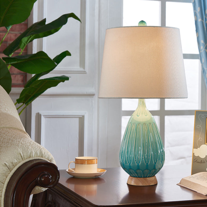 Green Porcelain Nightstand Lamp With Retro Raindrop Design Barrel Fabric Shade - 1 Bulb Bedside