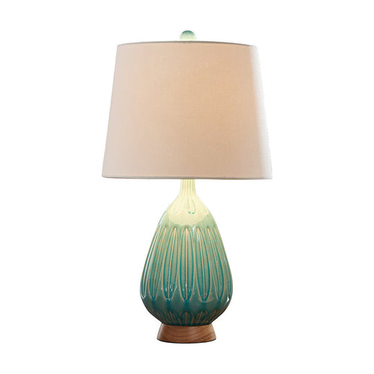 Green Porcelain Nightstand Lamp With Retro Raindrop Design Barrel Fabric Shade - 1 Bulb Bedside