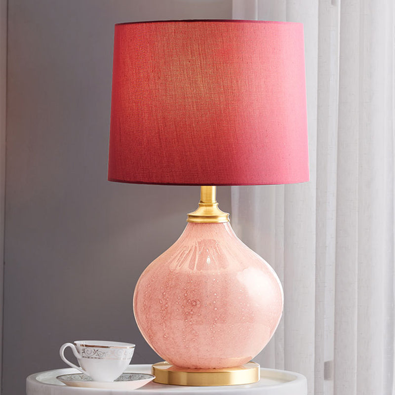 Traditional Style Pink Drum Table Lamp With Fabric Shade And 1 Bulb For Living Room Or Night Stand