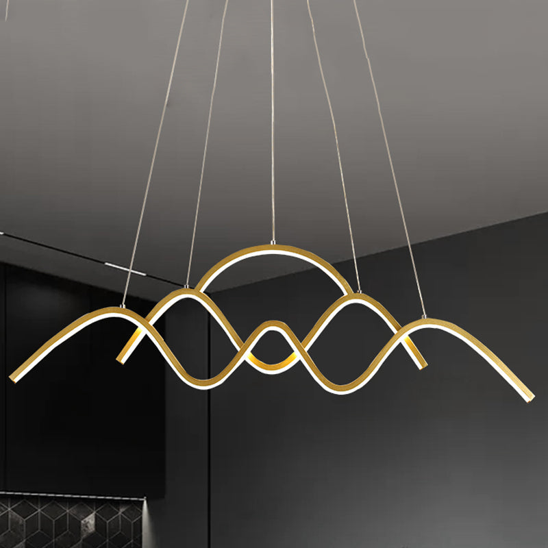 Modern Gold Metal Led Island Light Fixture For Dining Room - Wave Design White/Warm