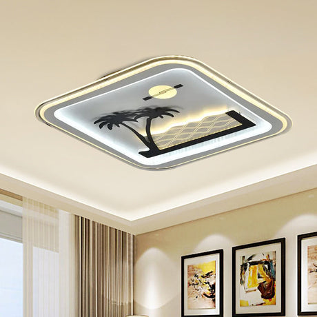 Modern Square Flushmount Led Lamp With Tree Pattern In White - Bedroom Fixture / B