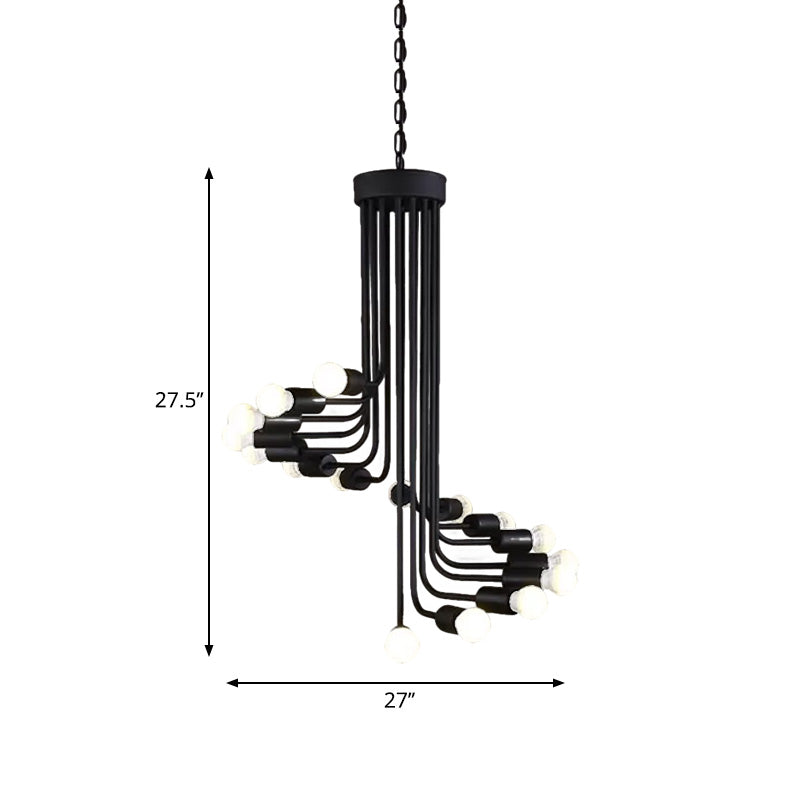 Industrial Angled Arm Ceiling Chandelier with Spiral Iron Design - Black Finish, 16/26 Bulbs - Perfect for Dining Room Pendant Lighting