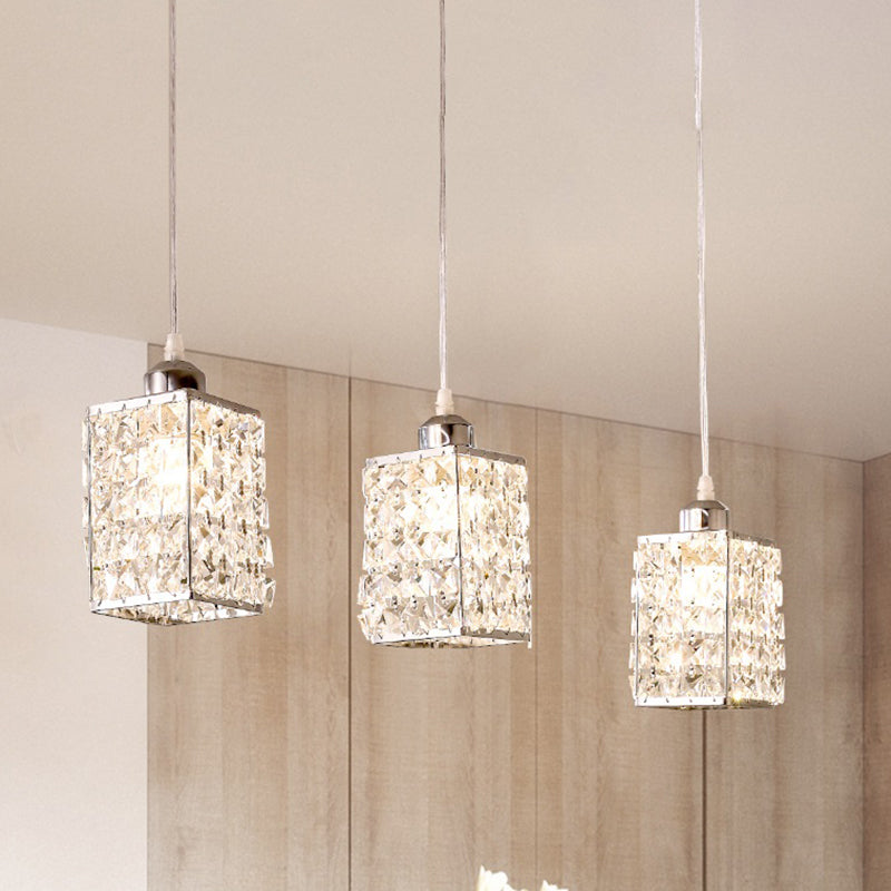 Modern Cuboid Crystal Pendant Light With 3 Chrome Heads - Kitchen Suspension Beveled Cut