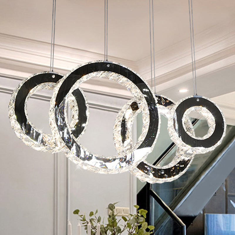 Contemporary Crystal LED Pendant Lamp for Dining Room - Stainless Steel Circles Design