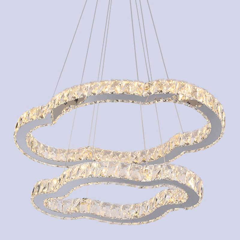 Modern 2-Tier Led Chandelier With Chrome Finish And Inlaid Crystal Accents - Cloud Shaped Pendant
