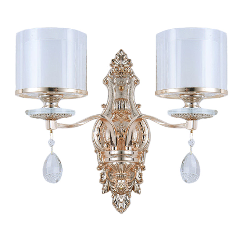 Modern Dual Cylinder 2-Light Gold Wall Sconce With Clear And Frosted Glass