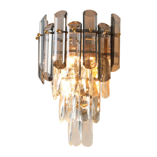 Modern Tiered Clear And Smoke Grey Crystal Wall Sconce & Light Fixture