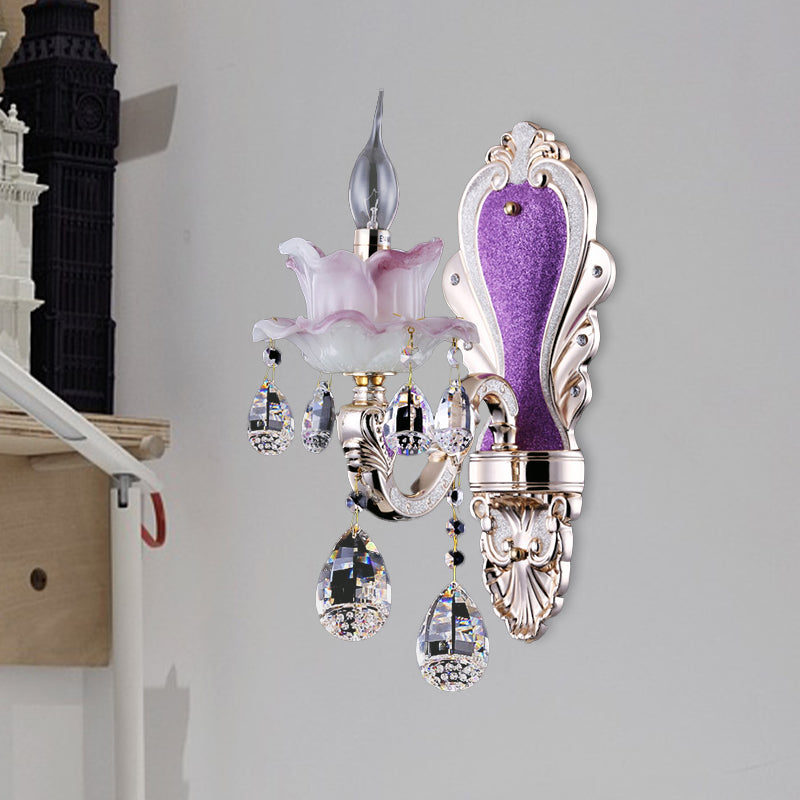 Modern Frosted Glass Purple Wall Sconce Light With Teardrop Crystal Drops - Ruffle Design 1 /
