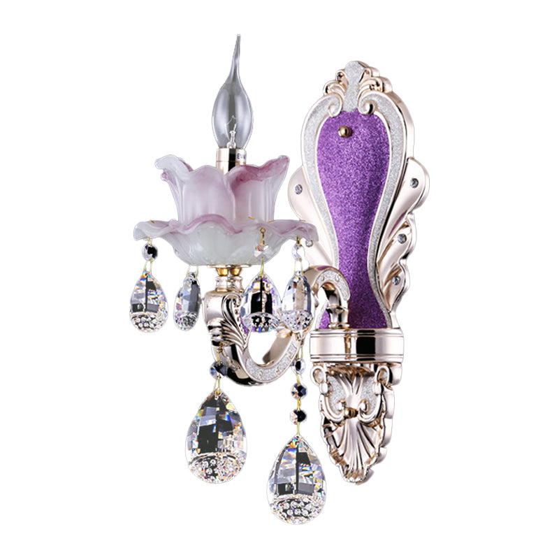 Modern Frosted Glass Purple Wall Sconce Light With Teardrop Crystal Drops - Ruffle Design