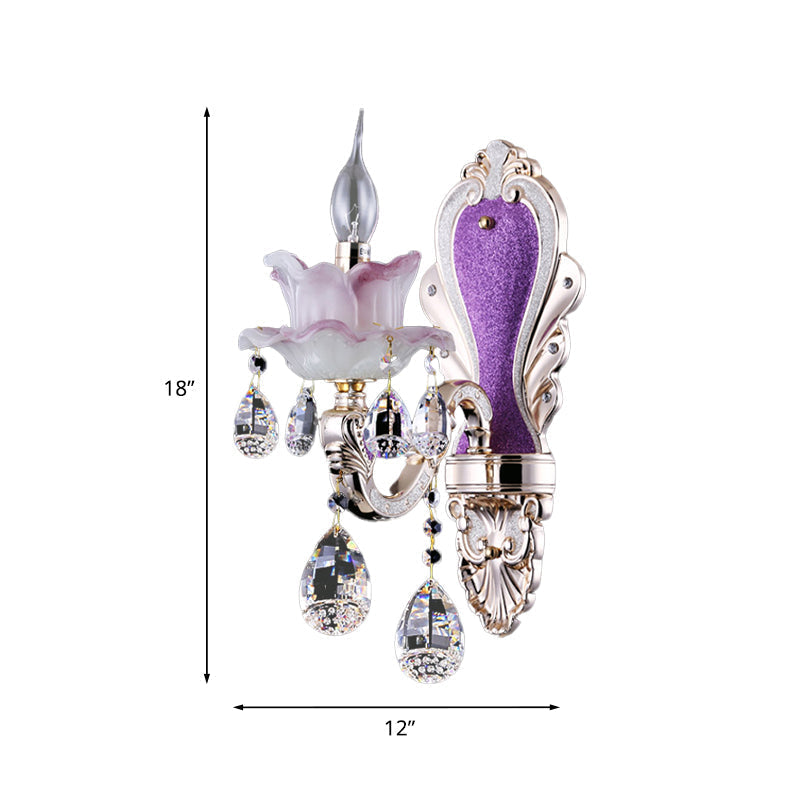 Modern Frosted Glass Purple Wall Sconce Light With Teardrop Crystal Drops - Ruffle Design