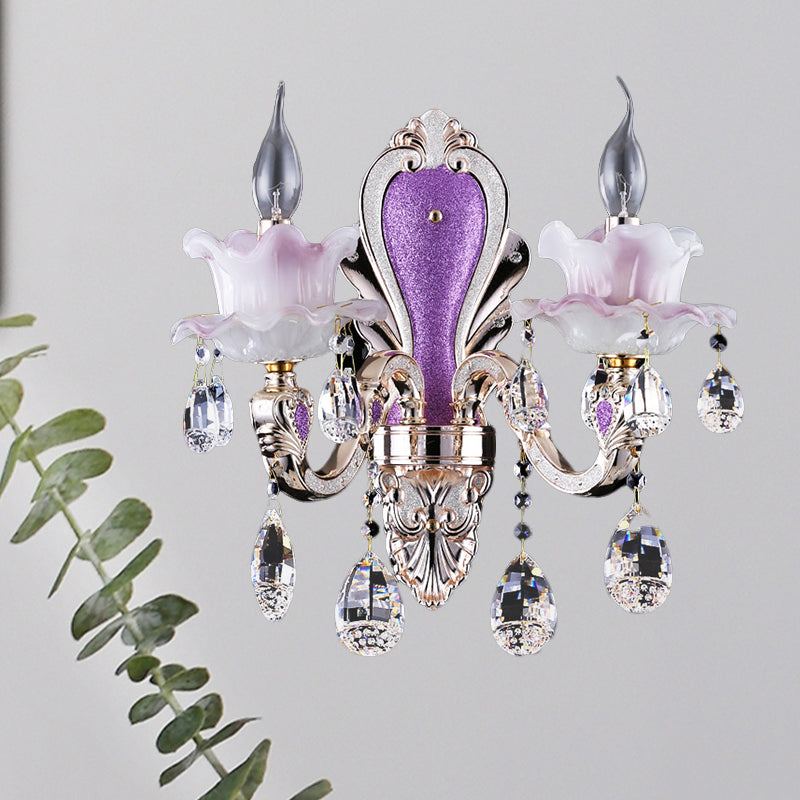 Modern Frosted Glass Purple Wall Sconce Light With Teardrop Crystal Drops - Ruffle Design 2 /