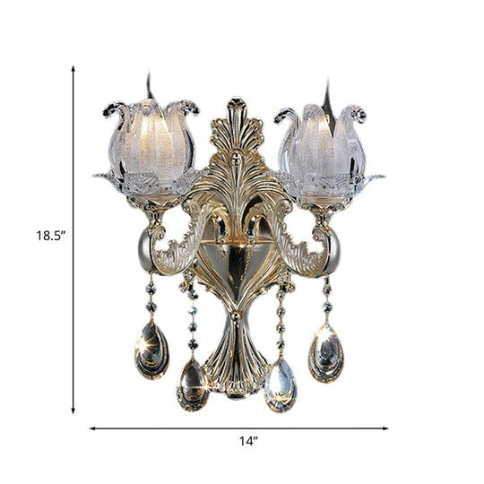 Traditional Gold Semi-Open Flower Frosted Glass Sconce For Living Room Wall.