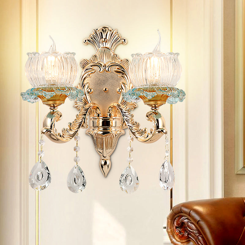 Traditional 2-Light Crystal Wall Mount Lamp In Gold - Elegant Restaurant Lighting