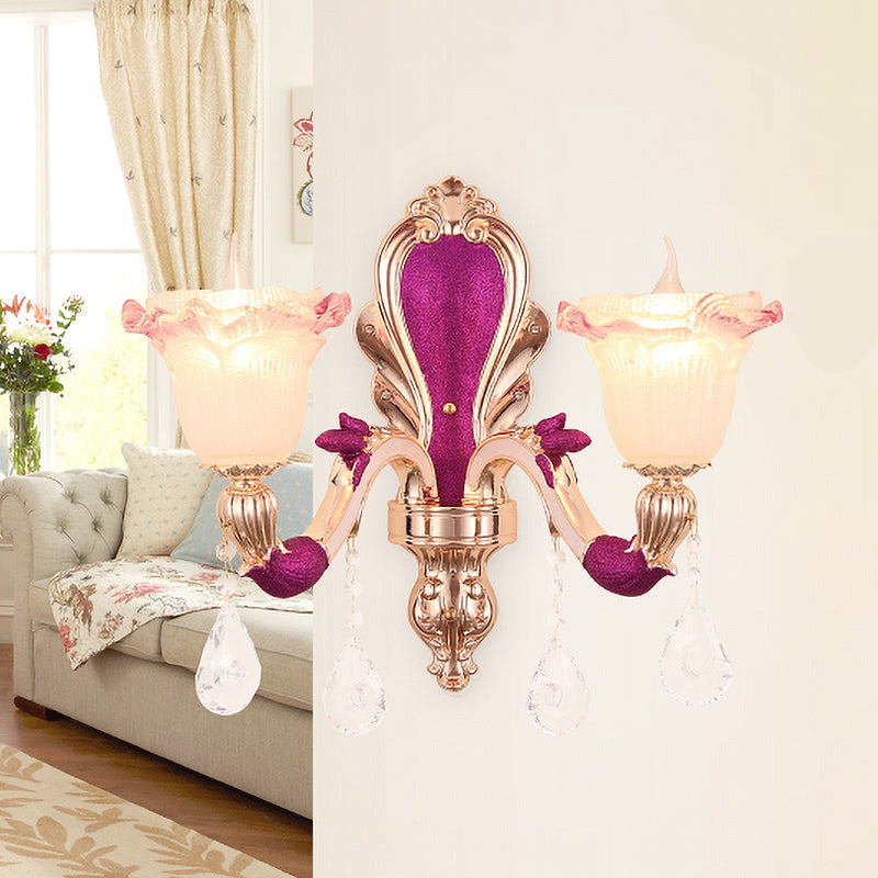 Antique Purple Glass Ruffle-Trimmed Wall Sconce With Double Heads Mount Light Fixture