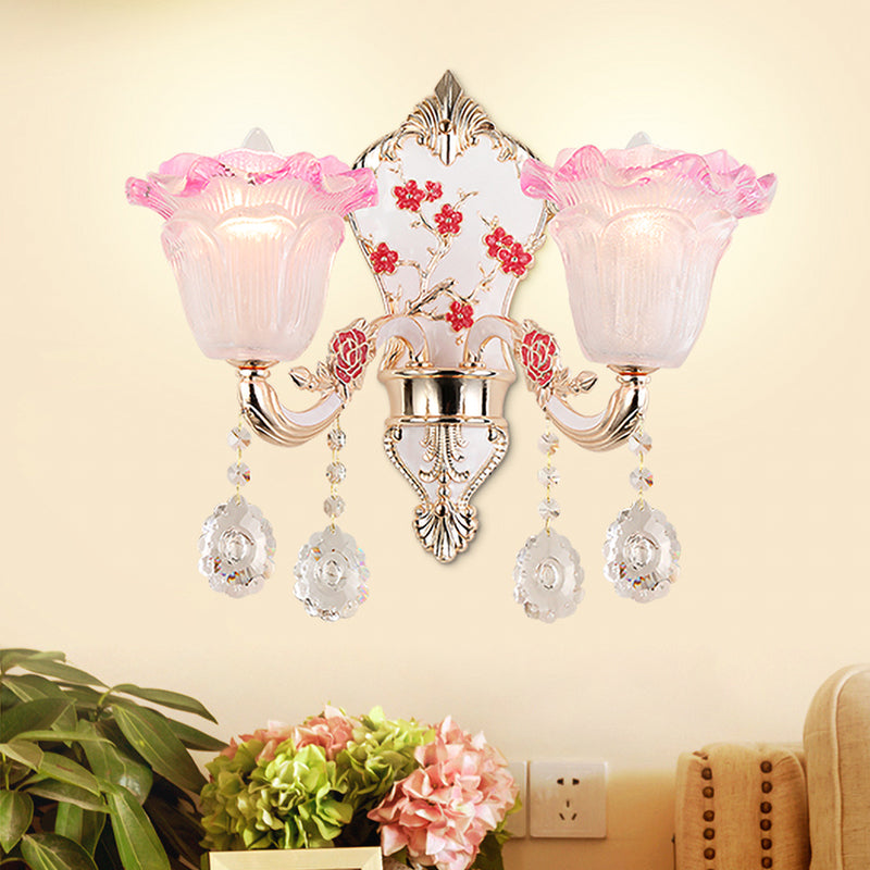Ruffle Glass Sconce Lamp With Crystal Accents - Modern Pink-White Wall Light Fixture (2 Pack) Pink