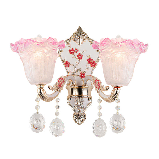 Ruffle Glass Sconce Lamp With Crystal Accents - Modern Pink-White Wall Light Fixture (2 Pack)