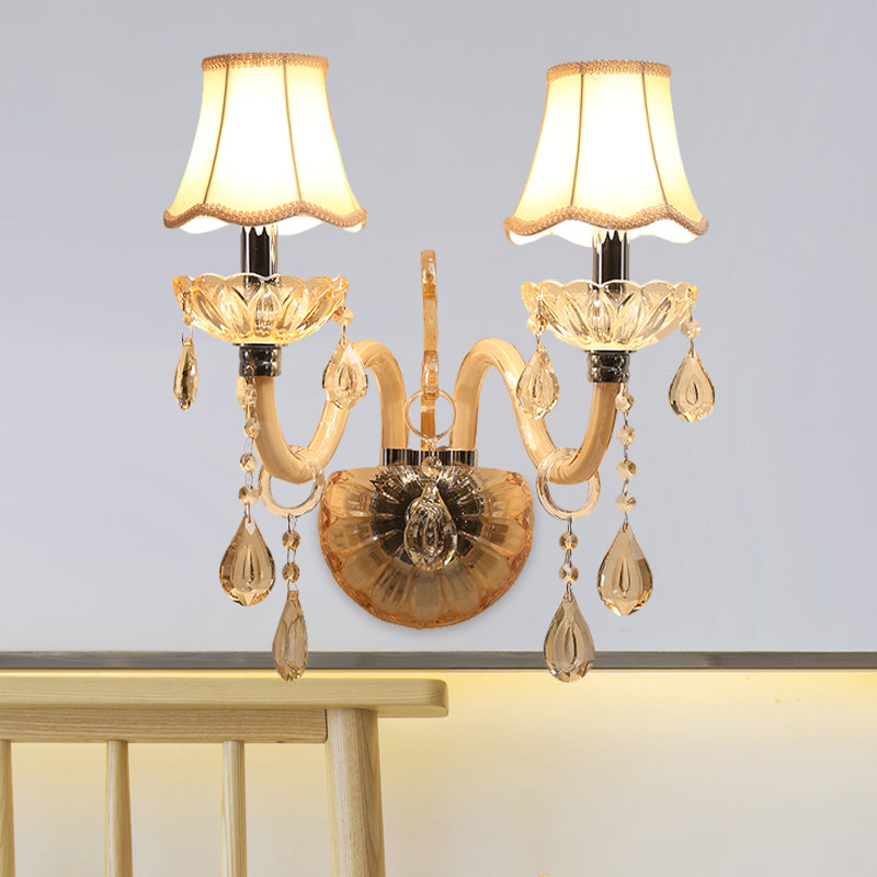 Traditional Amber Glass Candle Wall Sconce With Scalloped Fabric Shade - Bedroom Lighting 2 /