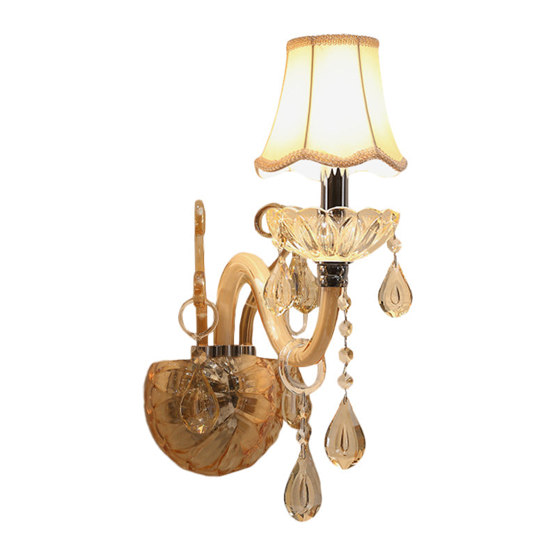 Traditional Amber Glass Candle Wall Sconce With Scalloped Fabric Shade - Bedroom Lighting