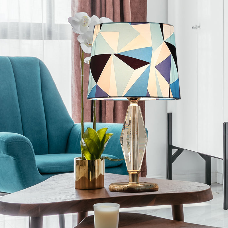 Blue Patchwork Fabric Table Lamp With Crystal Accent | Modern Bedroom Nightstand Light