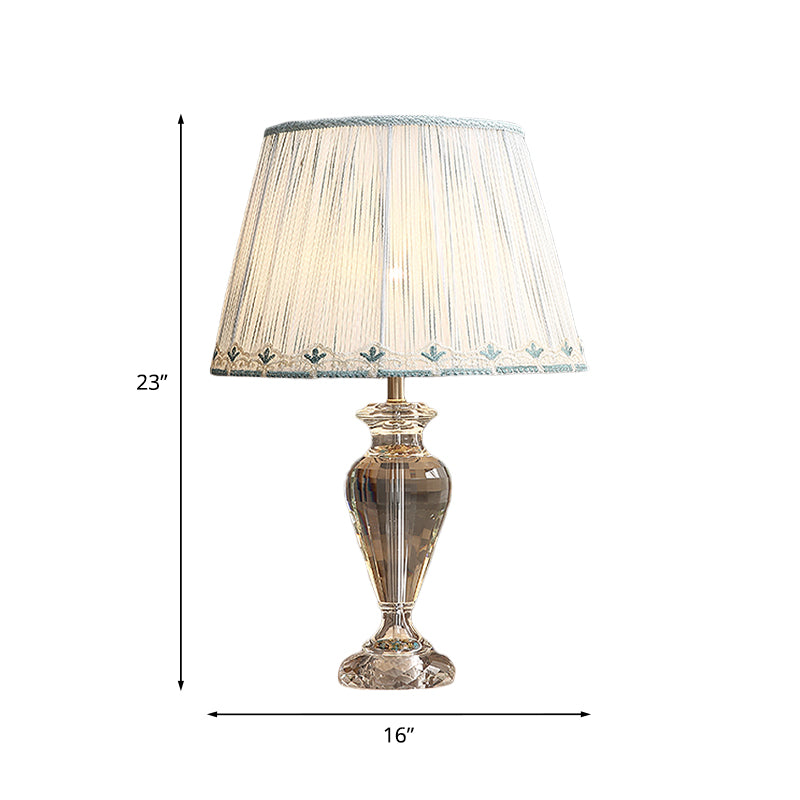 Minimalist Clear Crystal Urn Nightstand Lamp With Pleated Fabric Shade