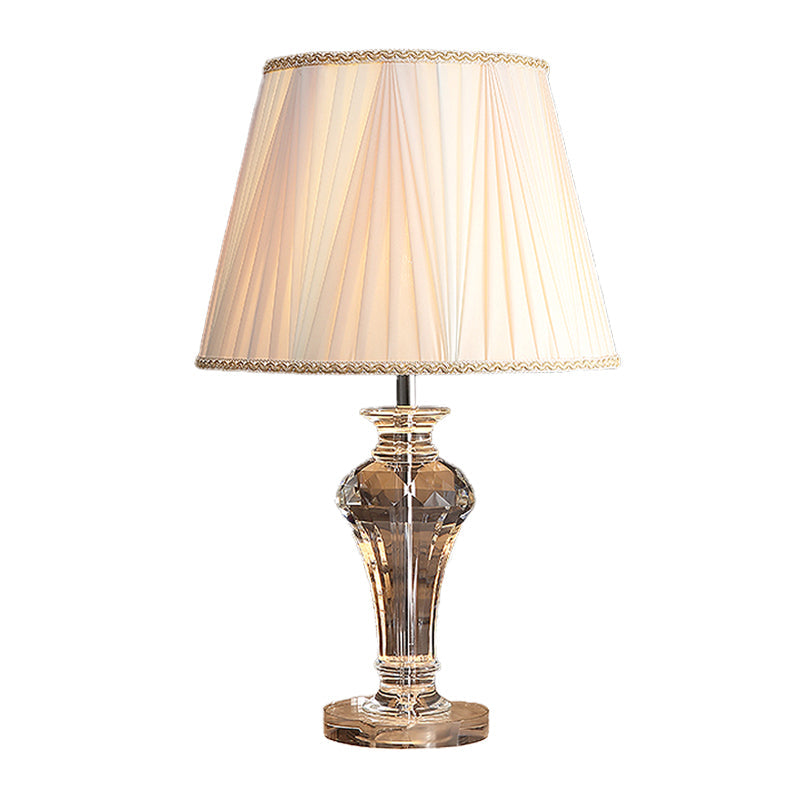 White Night Lamp With Gathered Fabric Shade Simple Table Lighting & Clear Crystal Base