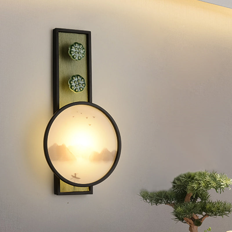 Oriental Style Led Acrylic Moon And Lake Mural Lamp - Black Wall Mounted Lighting