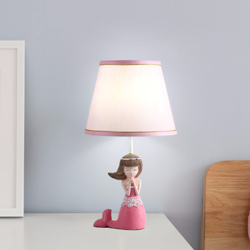Cartoon Single Desk Light - Pink Fabric Barrel Shade Finish Girl Night Table Lamp