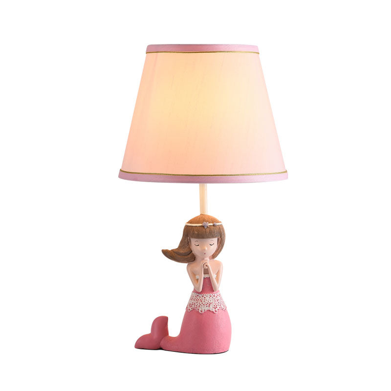 Aludra - Pink Cartoon Single Desk Light with Barrel Shade Fabric Pink Finish Girl Night Table Lamp