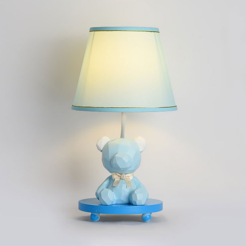 Zoe - Cartoon Barrel Shade Bedside Table Lamp Fabric 1 Bulb Cartoon Bear Nightstand Lighting in Blue/Pink
