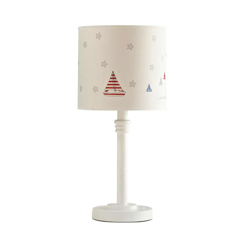 Cartoon White Table Lamp With Drum Fabric Shade - Single Bedroom Nightstand Light