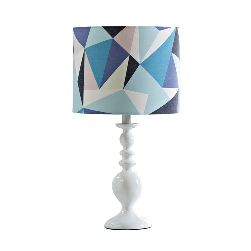 Justine - Geometric Drum Shade Night Table Light Kids Fabric 1 Head Pink/Blue Nightstand Lamp with Geometric Pattern