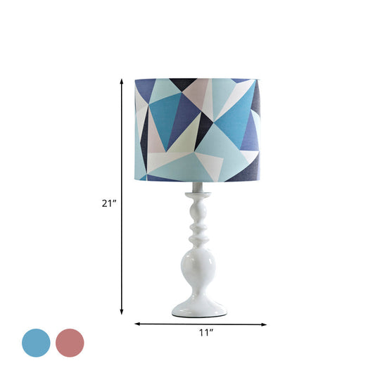 Kids Fabric Drum Shade Table Lamp With Geometric Pattern - Pink/Blue Nightstand Light