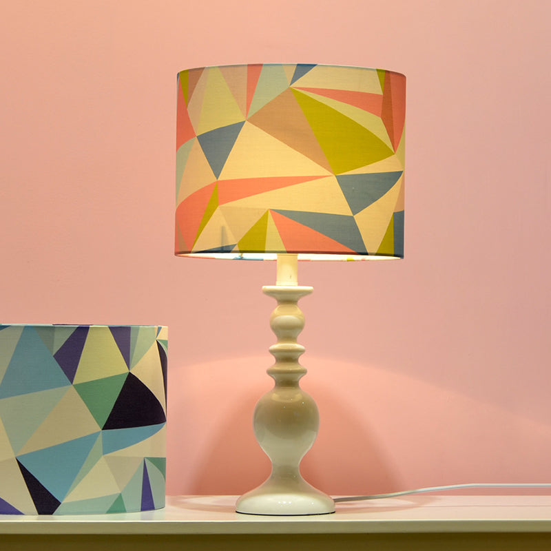 Kids Fabric Drum Shade Table Lamp With Geometric Pattern - Pink/Blue Nightstand Light Pink