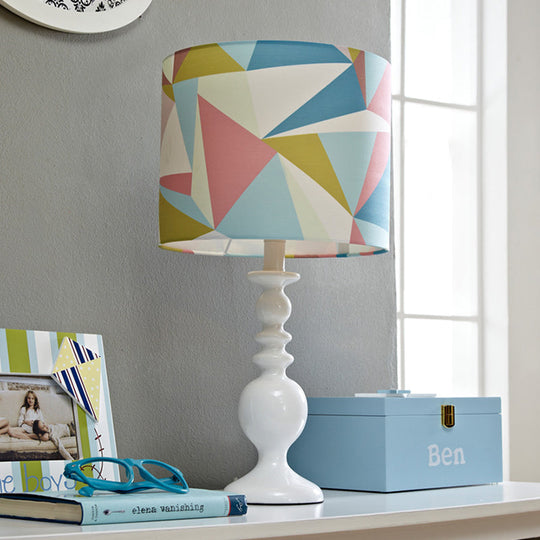 Justine - Geometric Drum Shade Night Table Light Kids Fabric 1 Head Pink/Blue Nightstand Lamp with Geometric Pattern