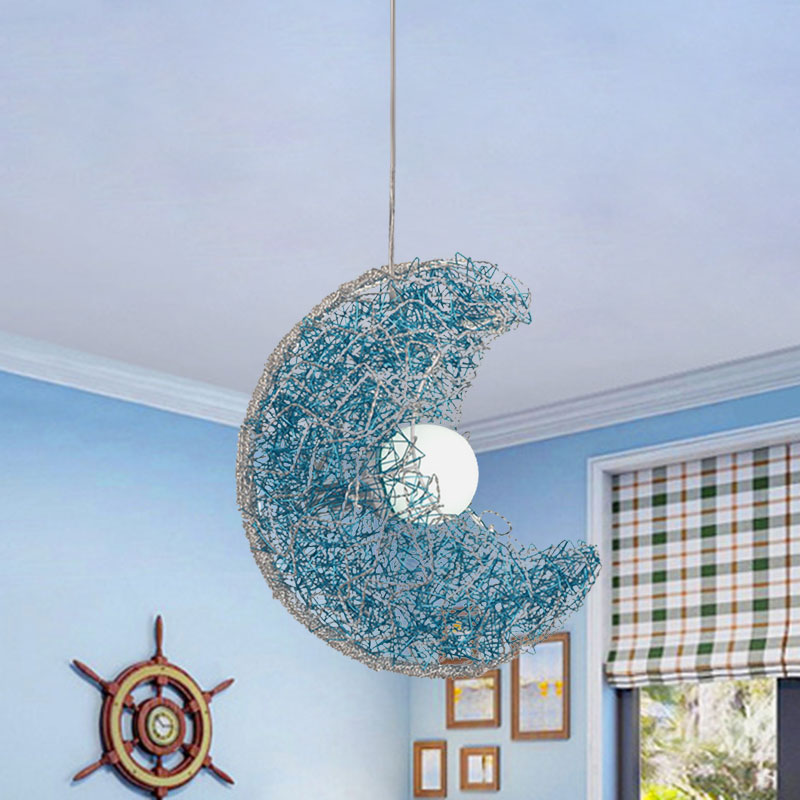 Modern Blue Moon Shaped Pendant Light - Nordic Style Metal Wire 1 Bulb Suspension Lamp