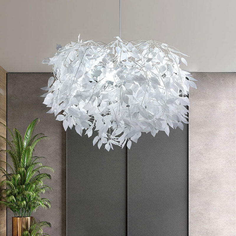 Nordic-Style Metal Ceiling Hang Fixture: Modern Single Pendant With Leaf Deco In White Finish