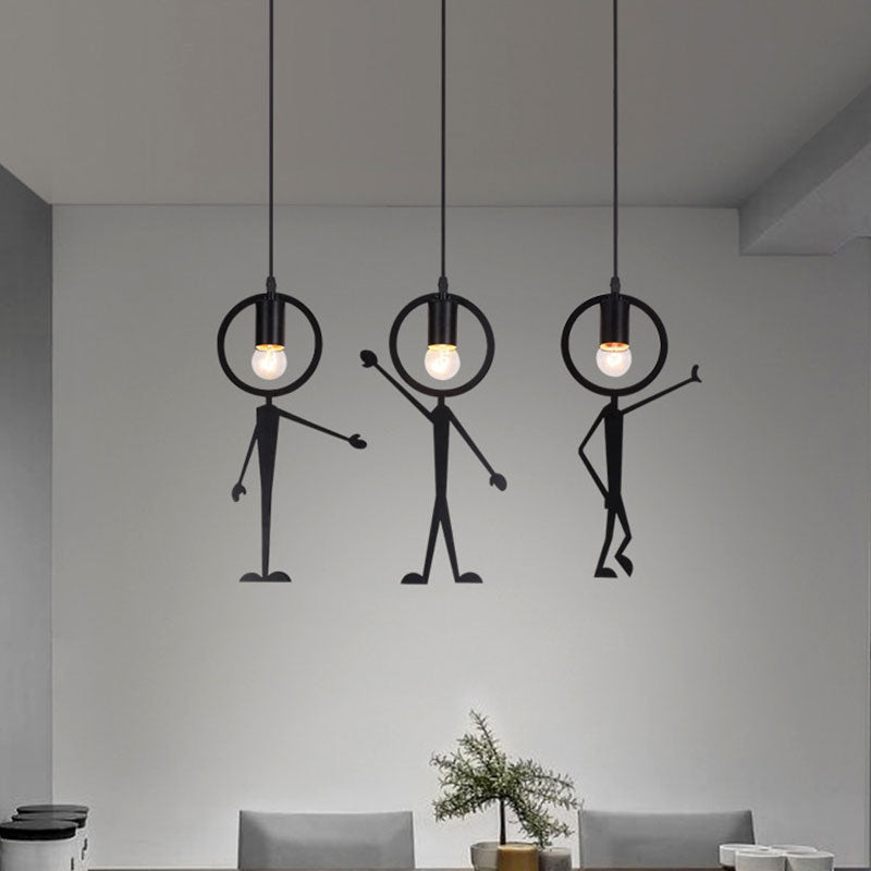 Modern 3-Head Black Suspension Lamp: Human-Like Iron Multi Light Pendant With Bare Bulb Design