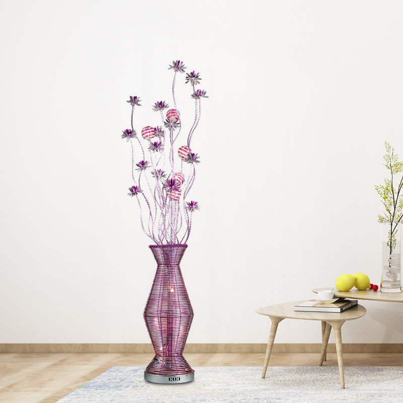 Countryside Vase Led Floor Lamp In Purple For Living Room - Stylish Light Aluminum Wire Floral Stand