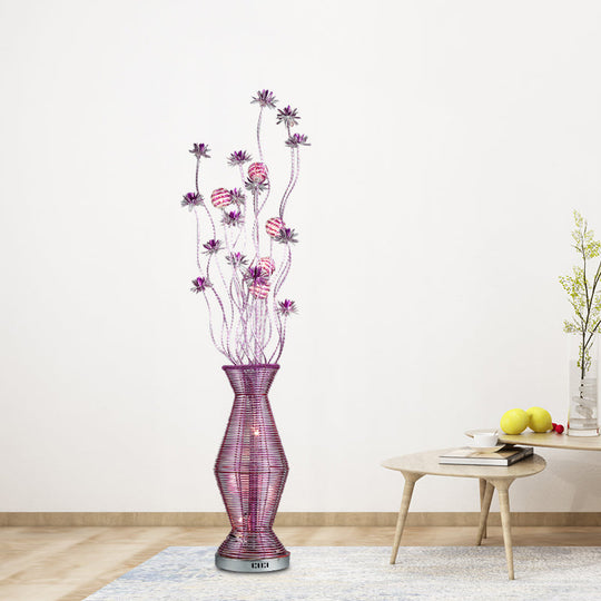 Countryside Vase Led Floor Lamp In Purple For Living Room - Stylish Light Aluminum Wire Floral Stand