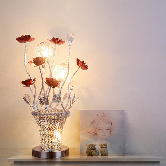 Country Red Led Potted-Flower Nightstand Light: Stylish Aluminum Wire Table Lamp With Chrome Finish
